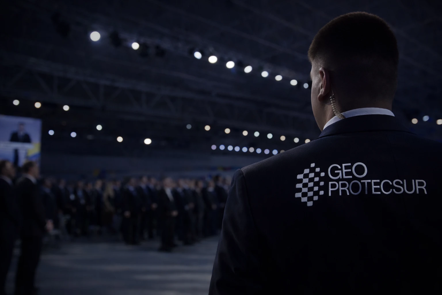 Agent de sécurité privée GEOPROTECSUR de dos lors d'une conférence